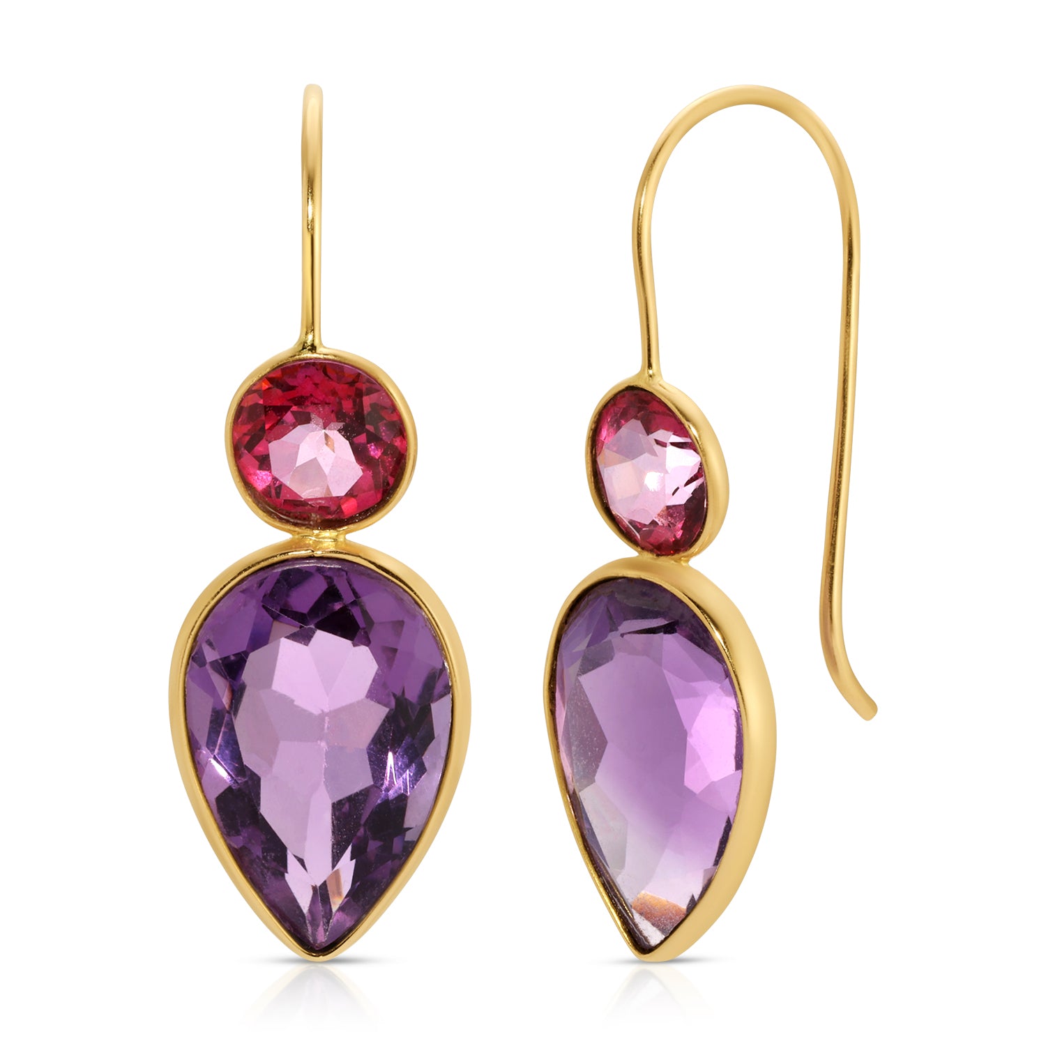 Pink Tourmaline Purple Amethyst Tear Drop Earrings