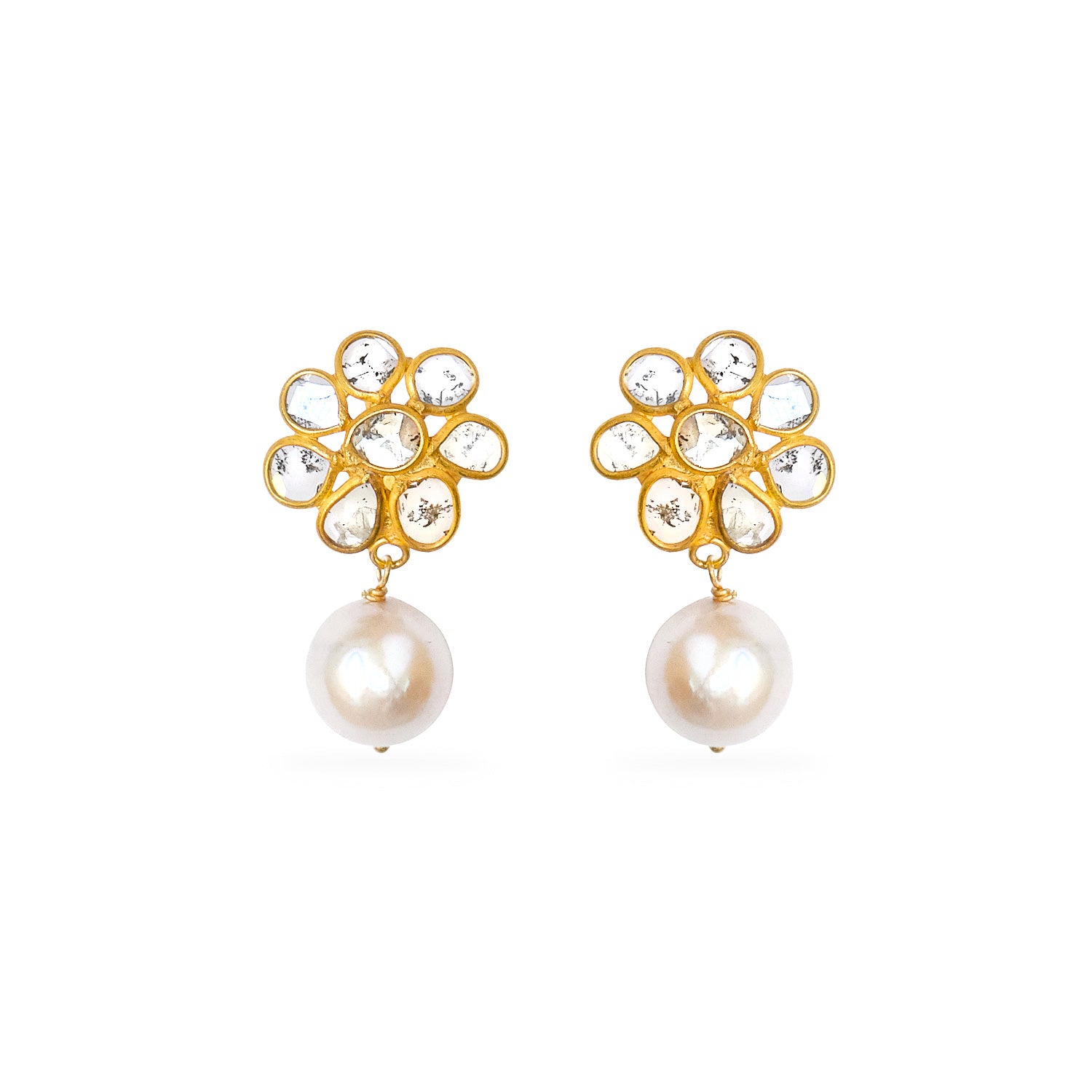 Diaphanous Diamond Pearl Drop Earrings-Earrings-Jaipur Atelier