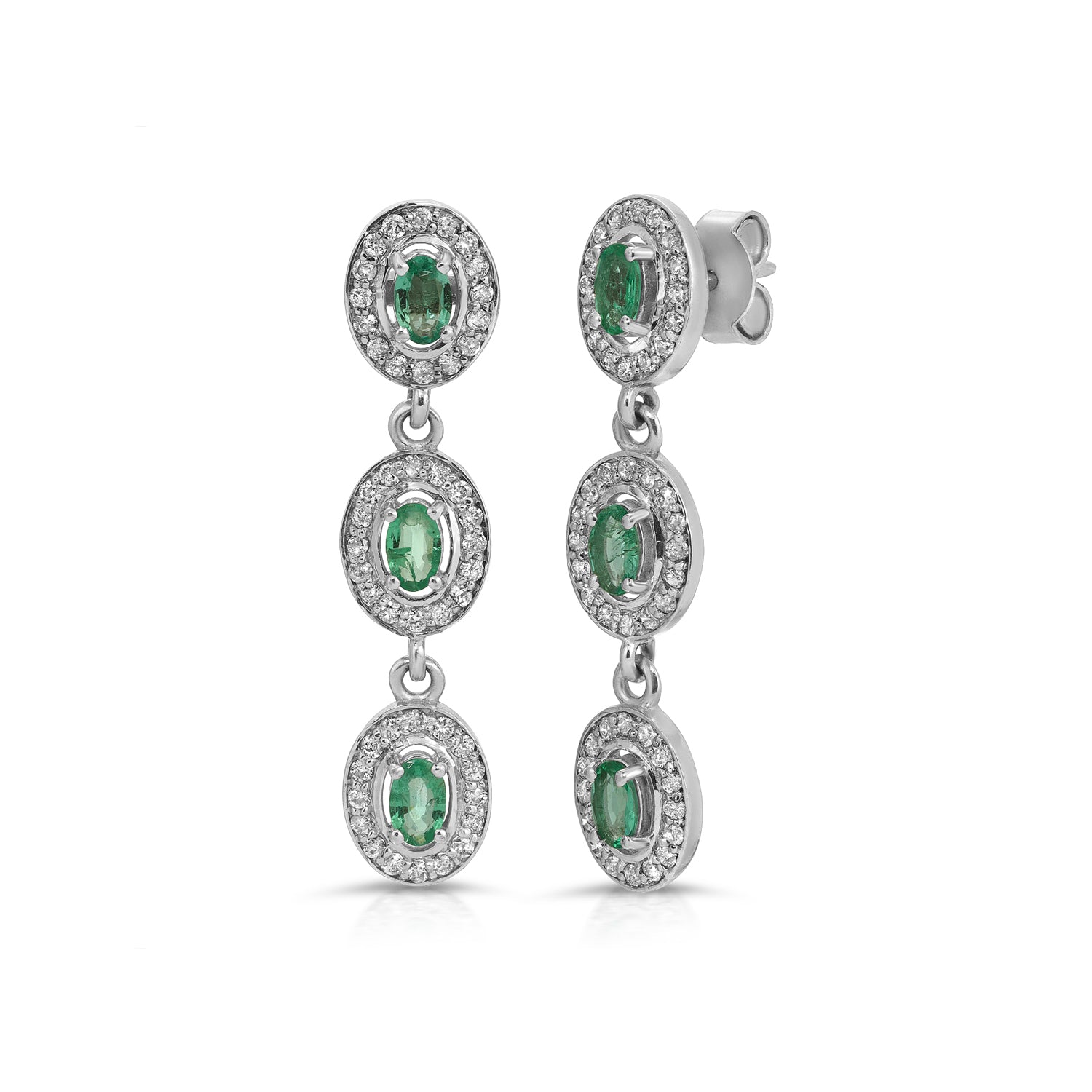 Emerald Diamond White Gold Triple Drop Earrings