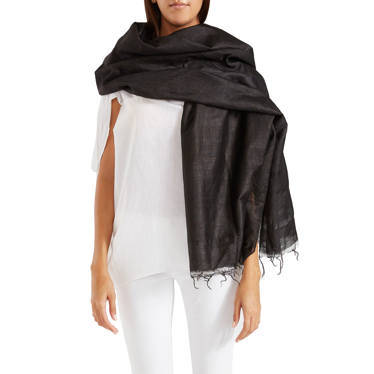 Black Silk Linen Tussa Fringe Shawl