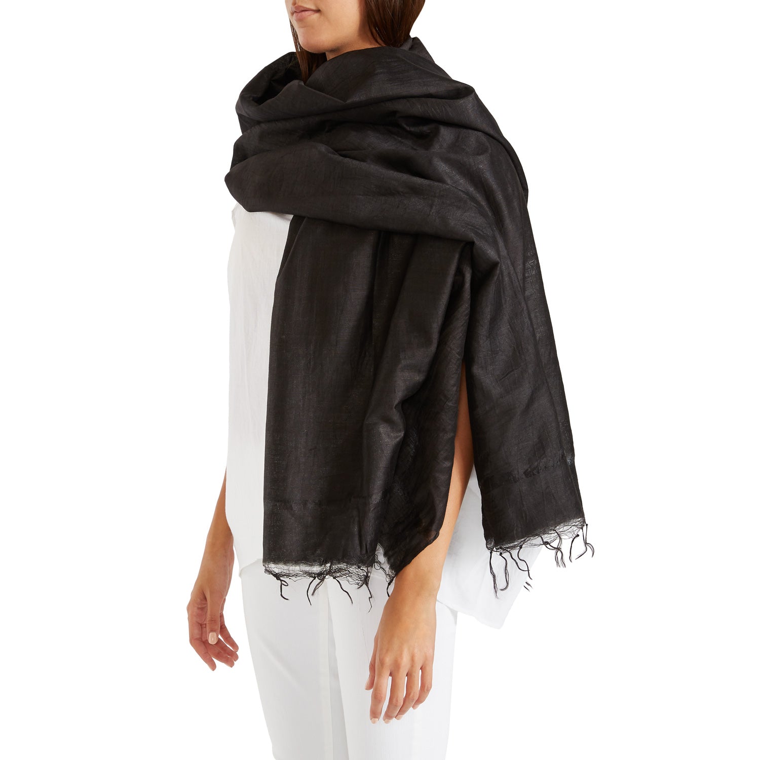 Black Silk Linen Tussa Fringe Shawl