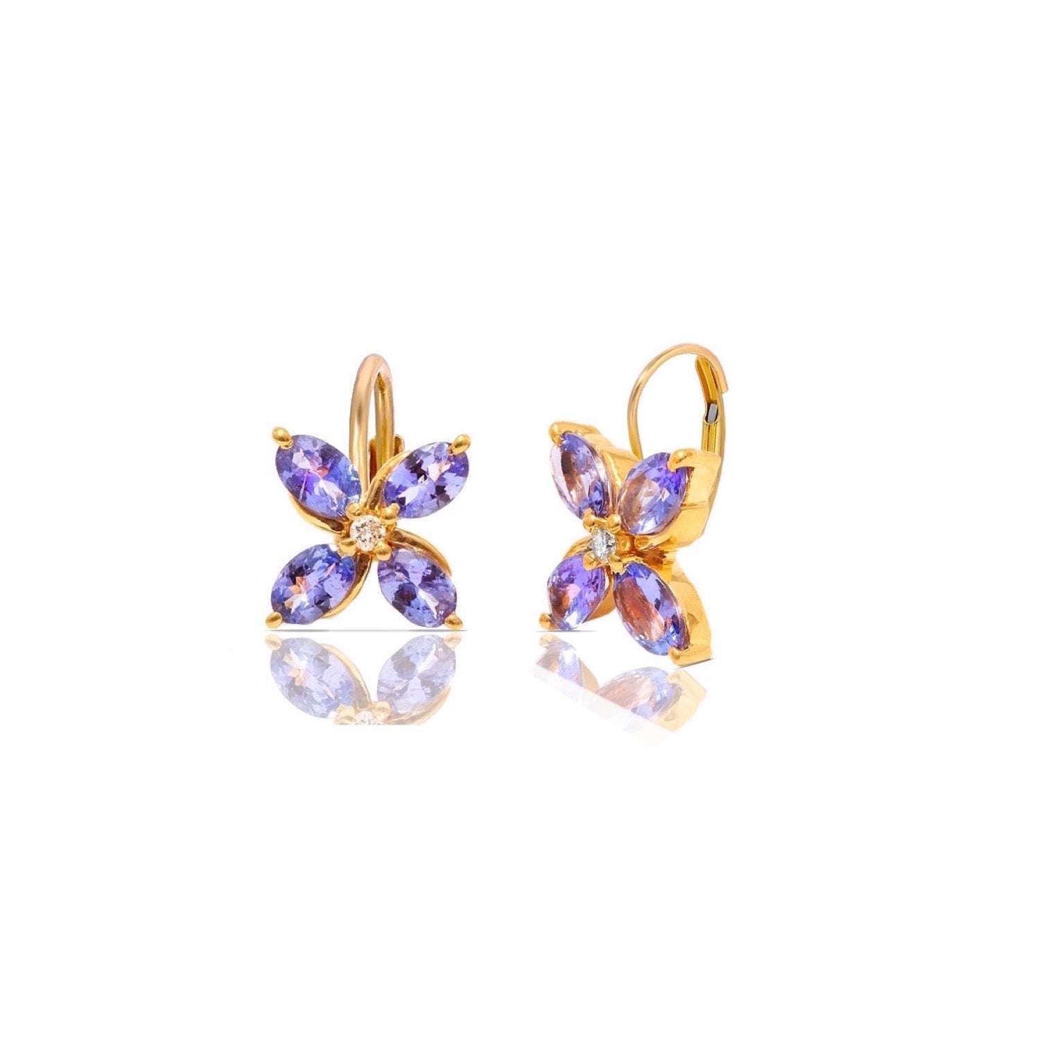 Tanzanite Diamond Flower Drop Earrings
