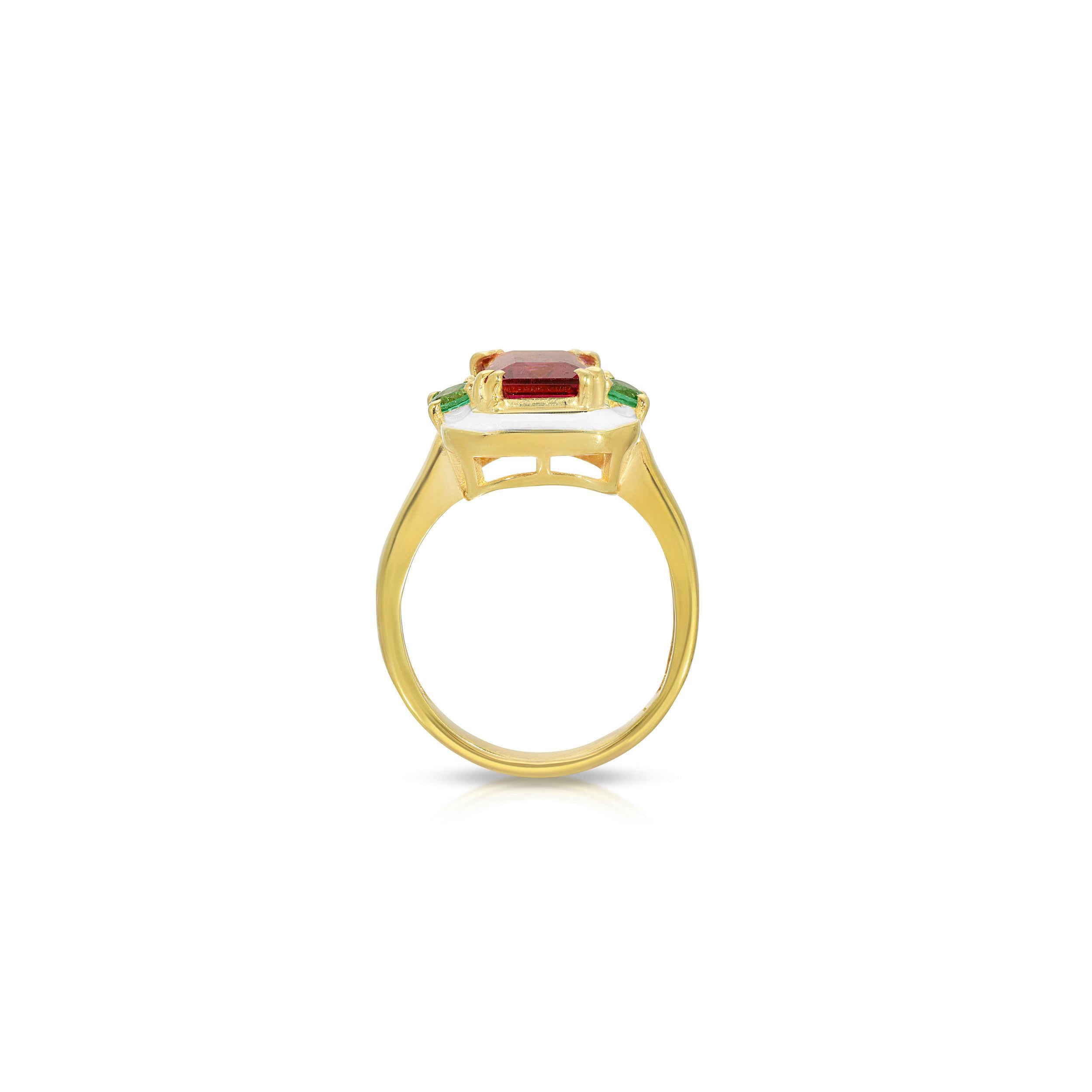Pink Tourmaline Emerald Enamel Ring