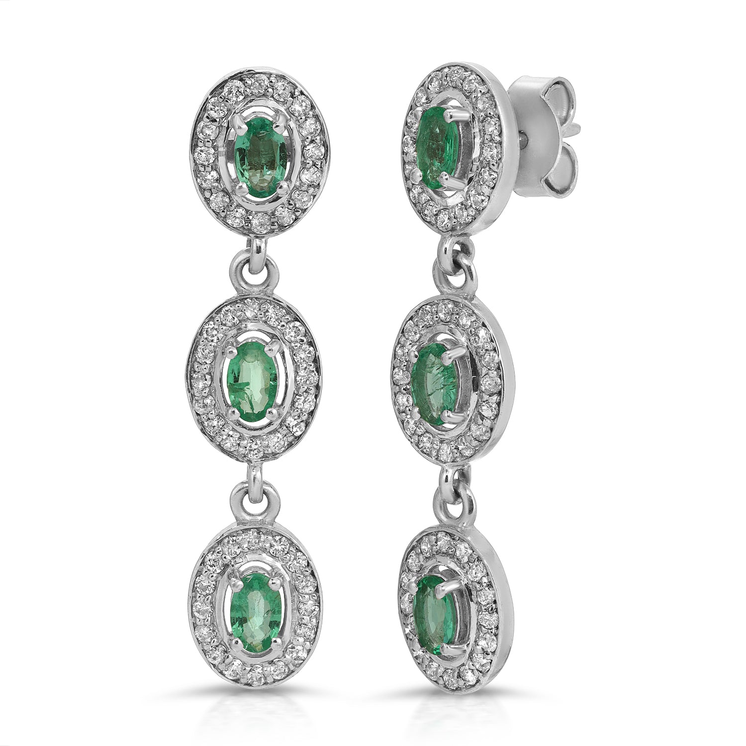 Emerald Diamond White Gold Triple Drop Earrings