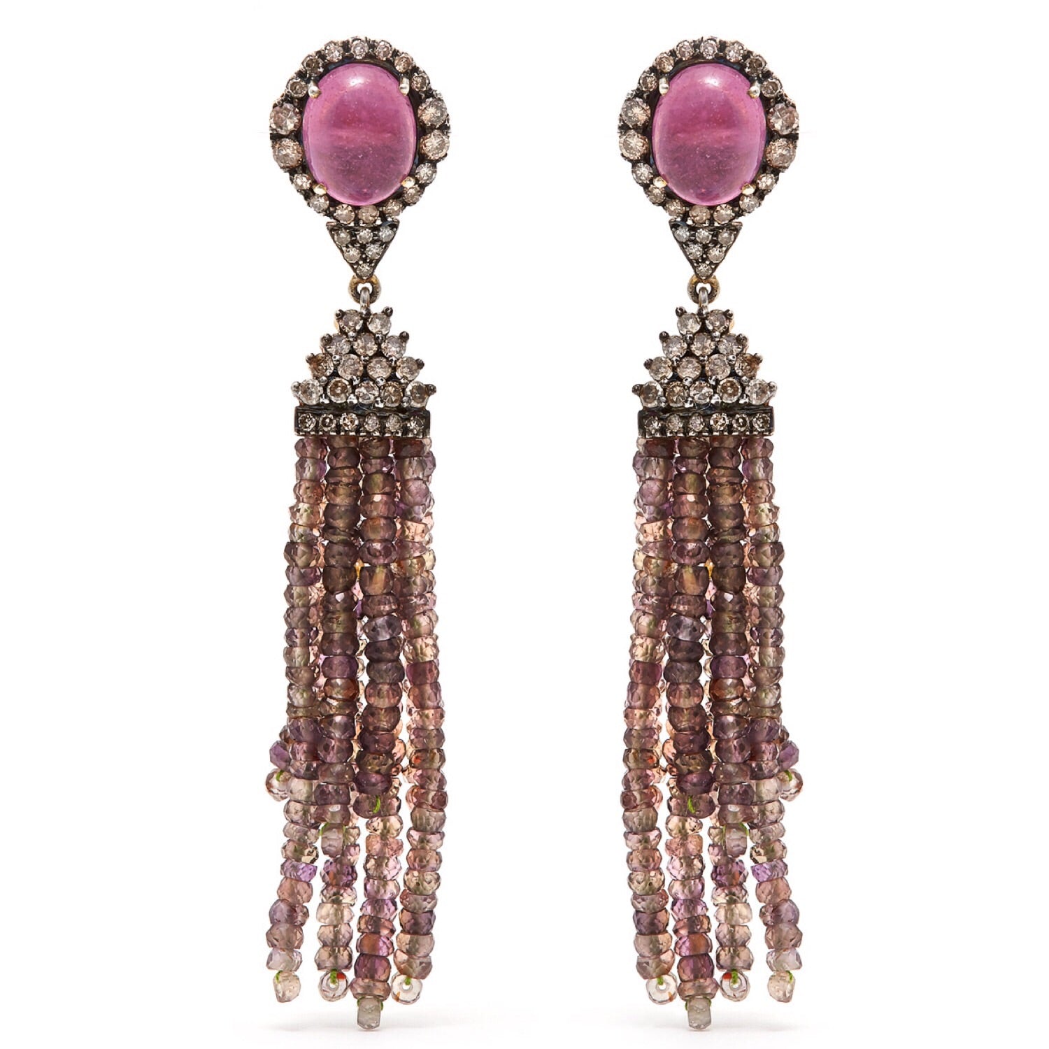 Jaipur Atelier Pink Grey Sapphire Diamond Tassel Earrings