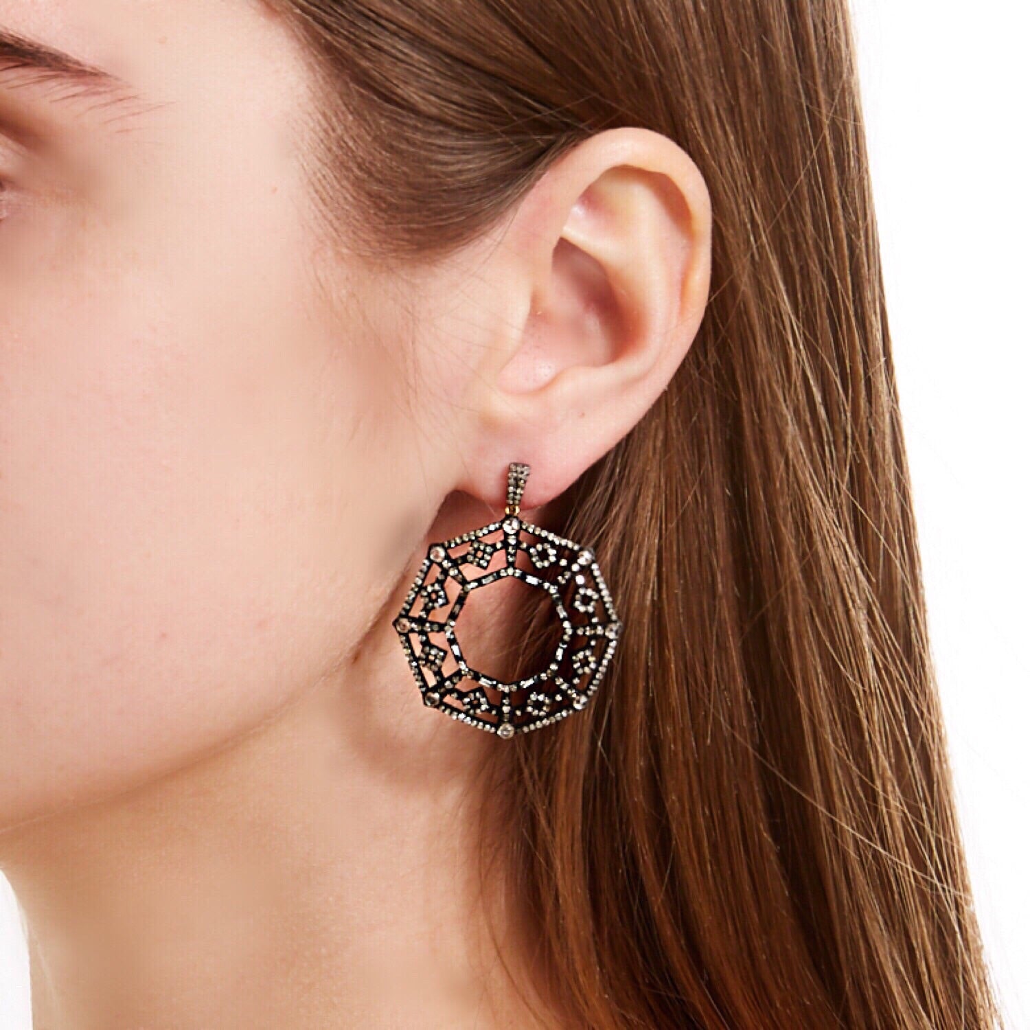 Art Deco Hexagonal Diamond Hoops-Earrings-Jaipur Atelier