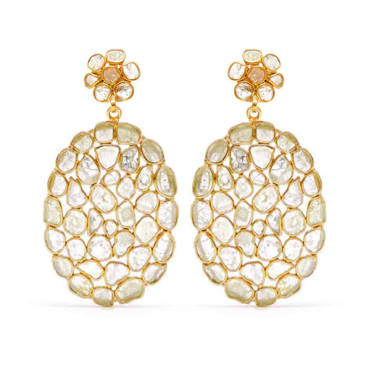Golden Diamond Diaphanous Oval Drop Earrings-Earrings-Jaipur Atelier
