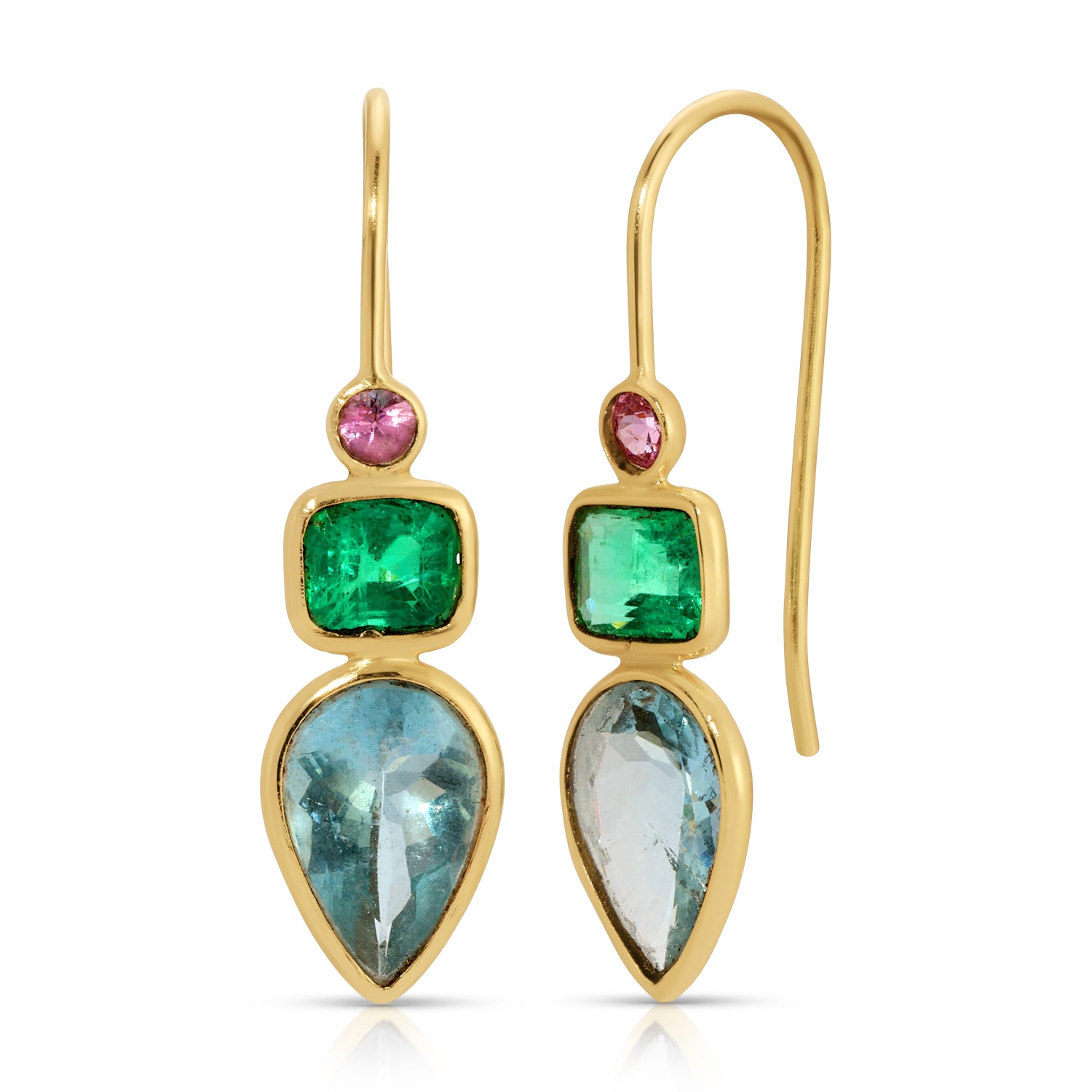 Aquamarine Emerald  Pink Tourmaline Gold Drop Earrings