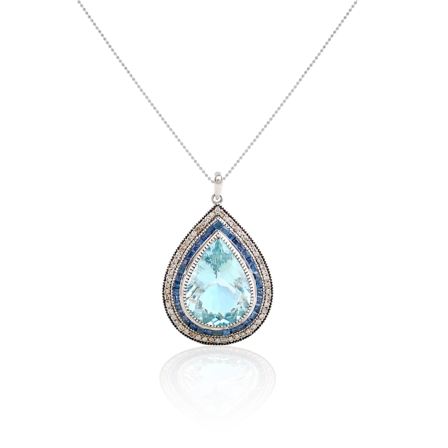 Aquamarine Sapphire Baguette Diamond Tear Drop Pendant