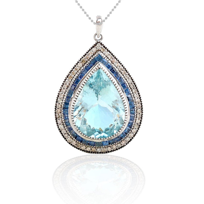 Aquamarine Sapphire Baguette Diamond Tear Drop Pendant