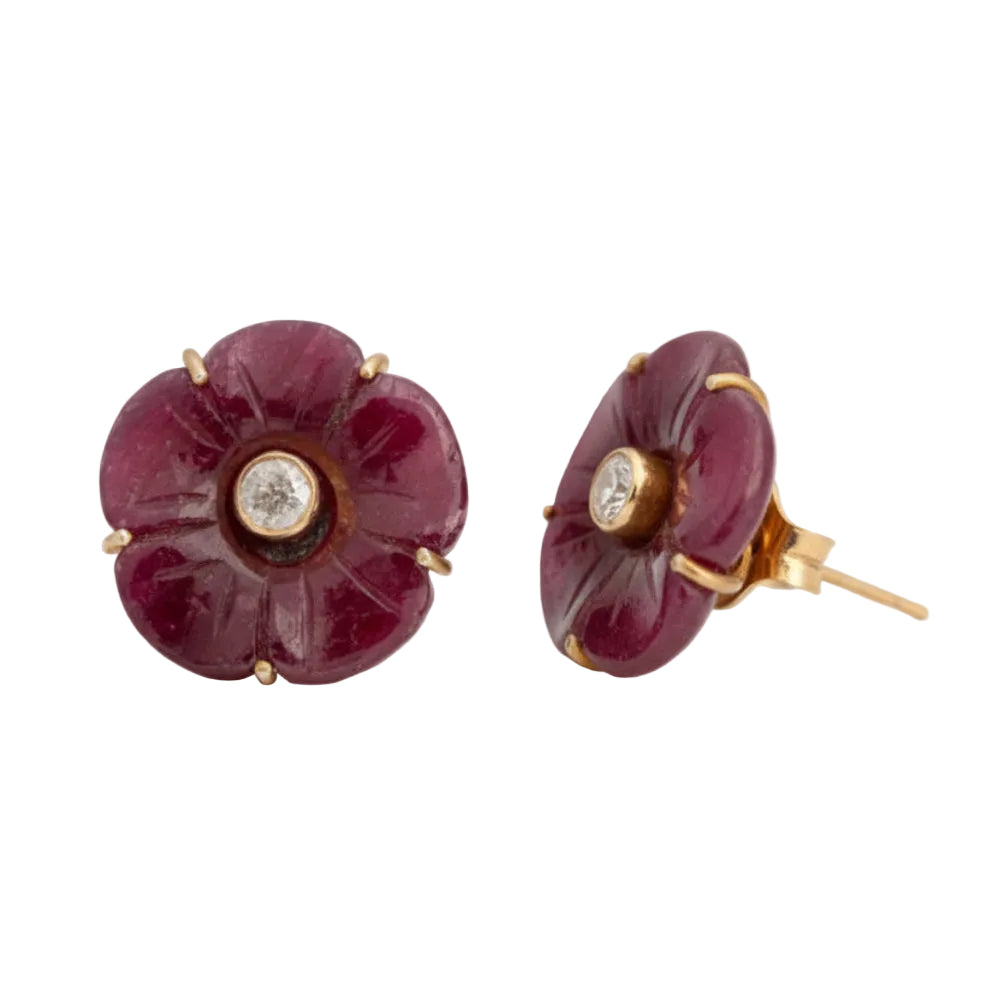 cabochon ruby gold diamond center  flower stud earrings 