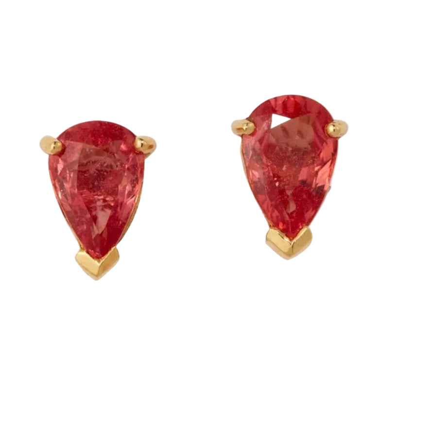 Orange Sapphire Pear Drop Gold Stud Earrings