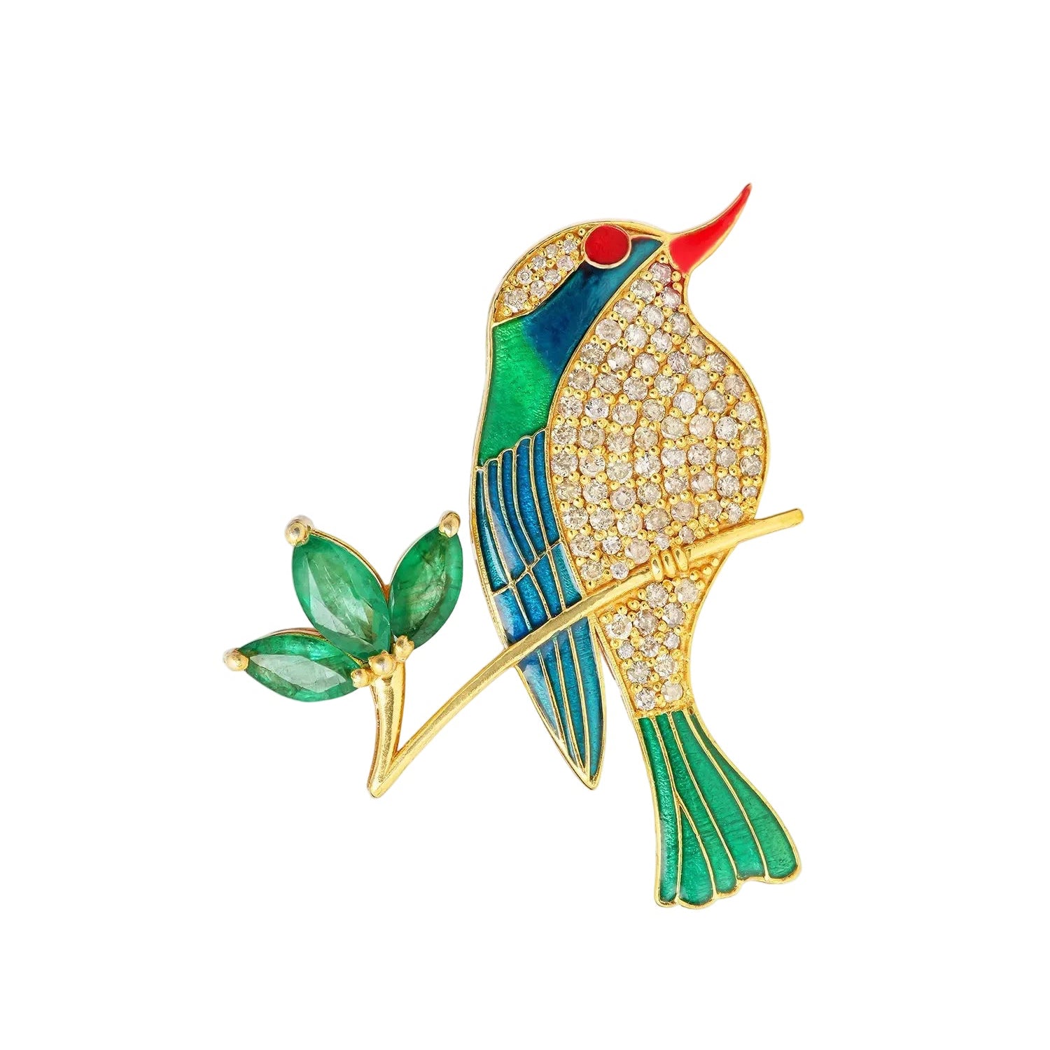 Emerald Diamond Enamel Hummingbird Pin Brooch