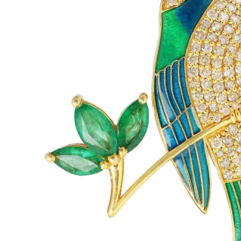 Emerald Diamond Enamel Hummingbird Pin Brooch