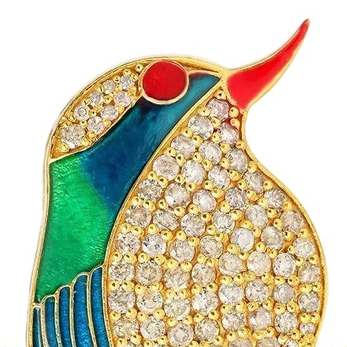 Emerald Diamond Enamel Hummingbird Pin Brooch