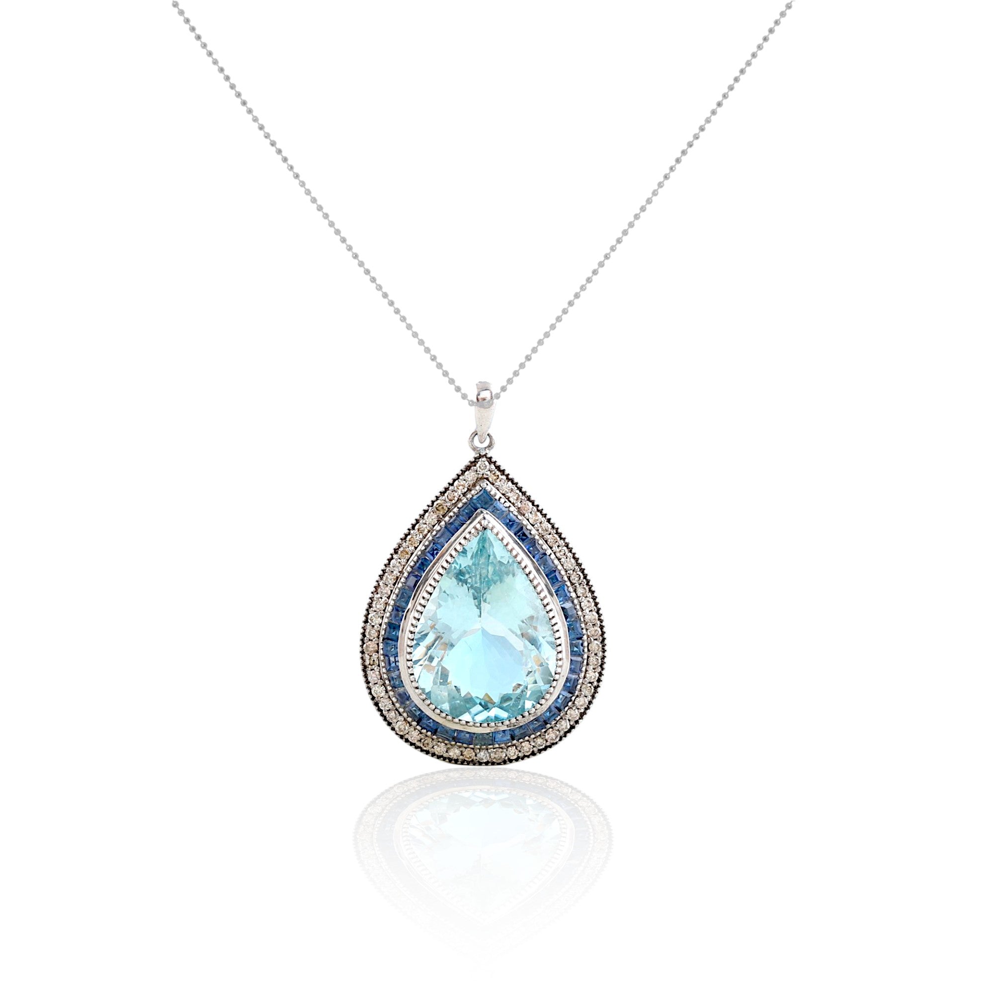 Aquamarine Sapphire Baguette Diamond Tear Drop Pendant