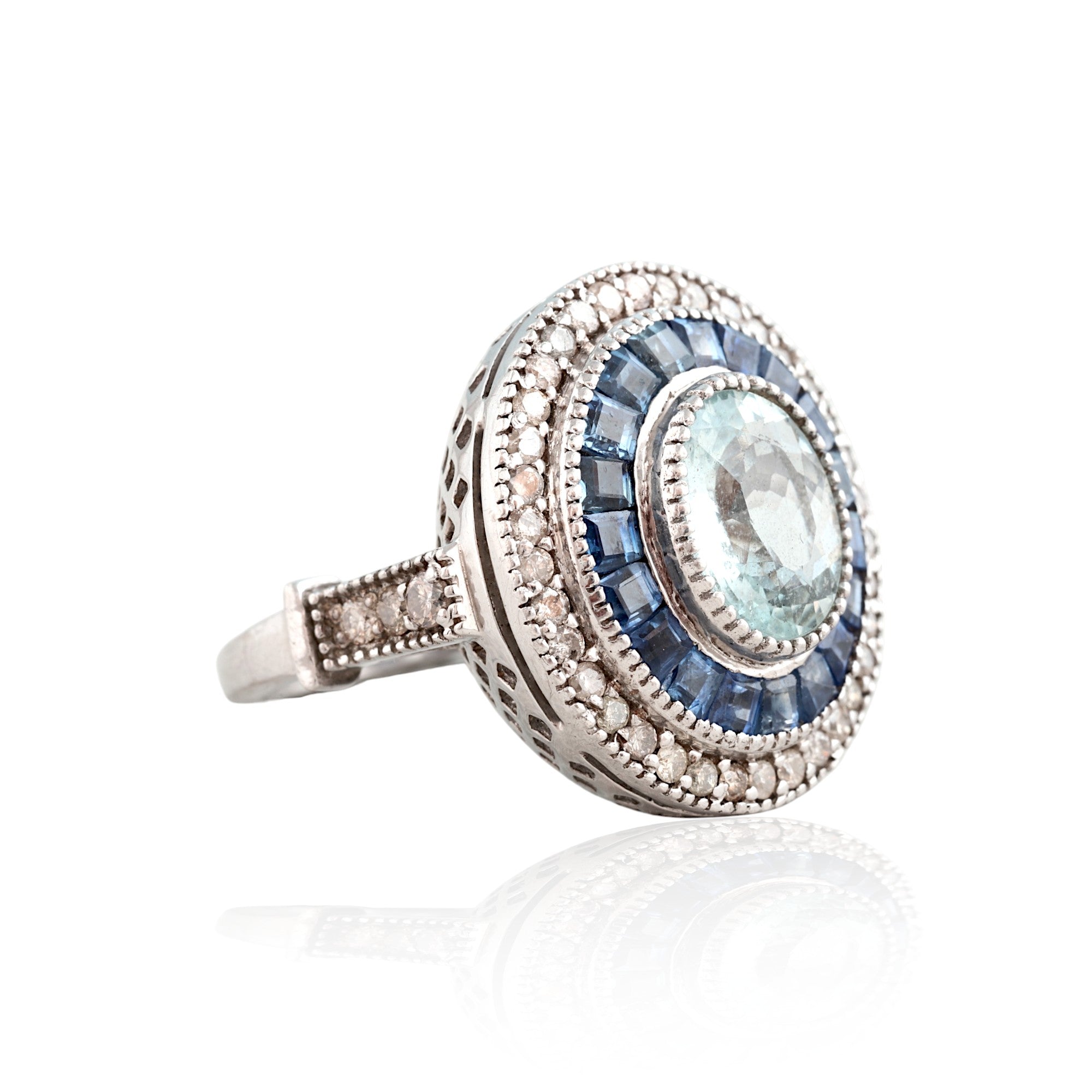 Aquamarine Sapphire Diamond Round Cocktail Ring