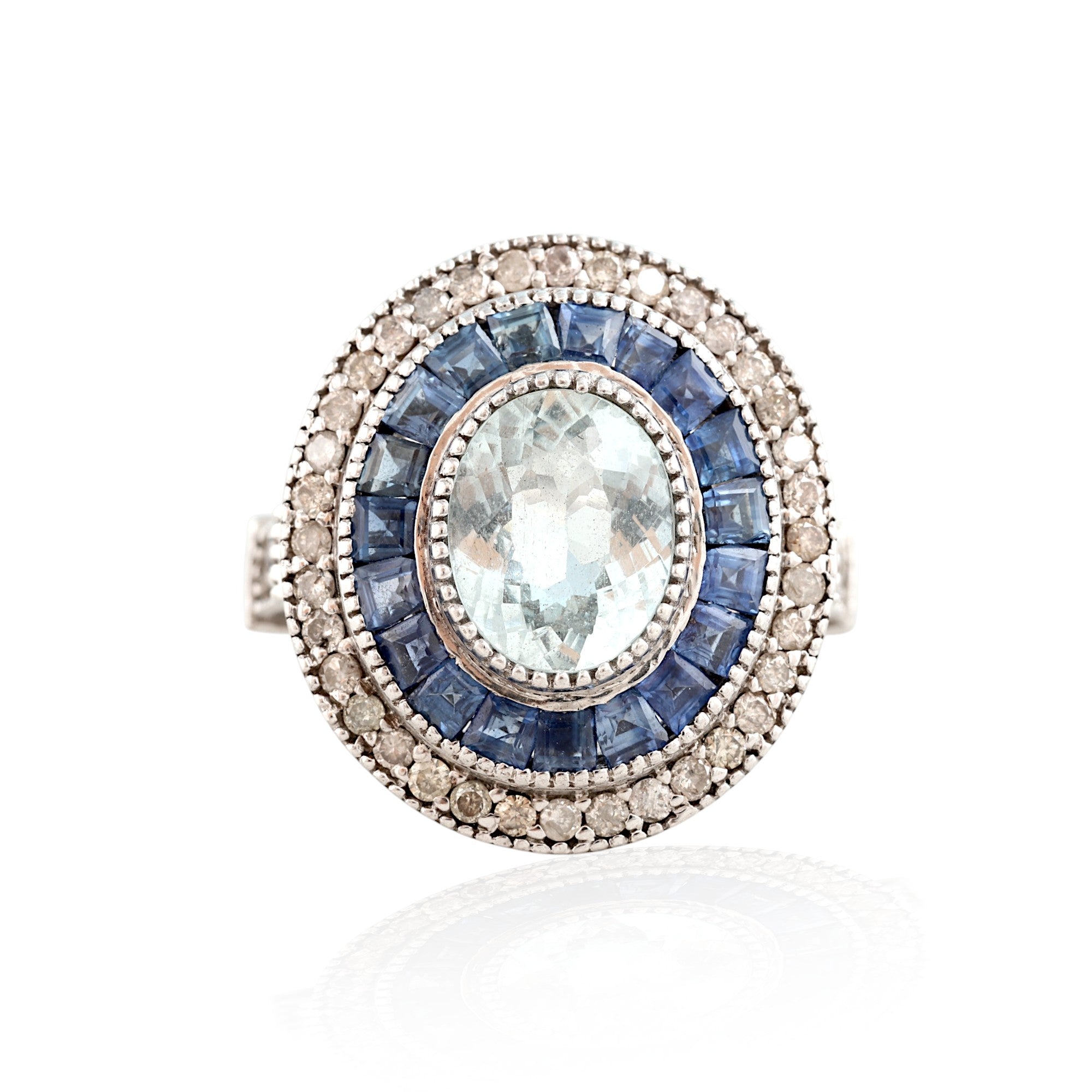 Aquamarine Sapphire Diamond Round Cocktail Ring