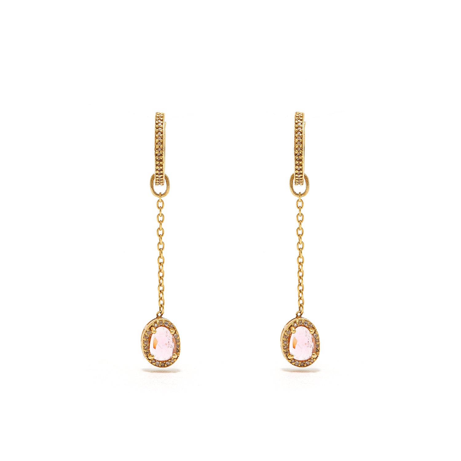 Pink Tourmaline Diamond T Drop Earrings-Earrings-Jaipur Atelier