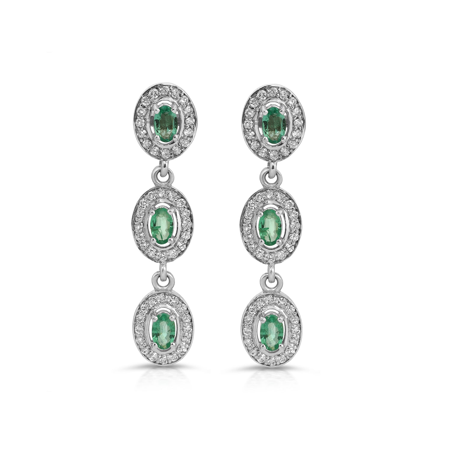 Emerald Diamond White Gold Triple Drop Earrings