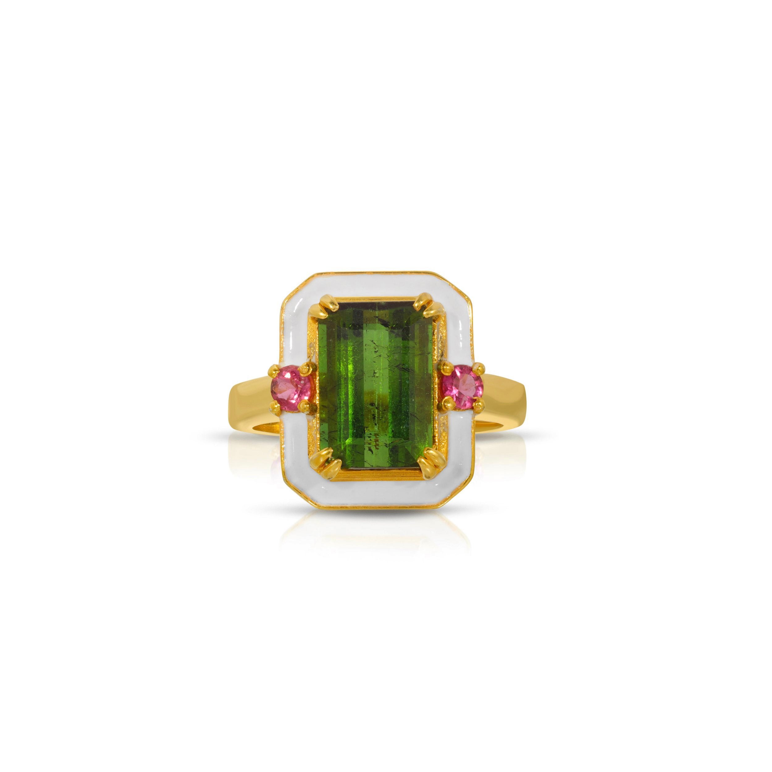 Green and Pink Tourmaline Enamel Ring