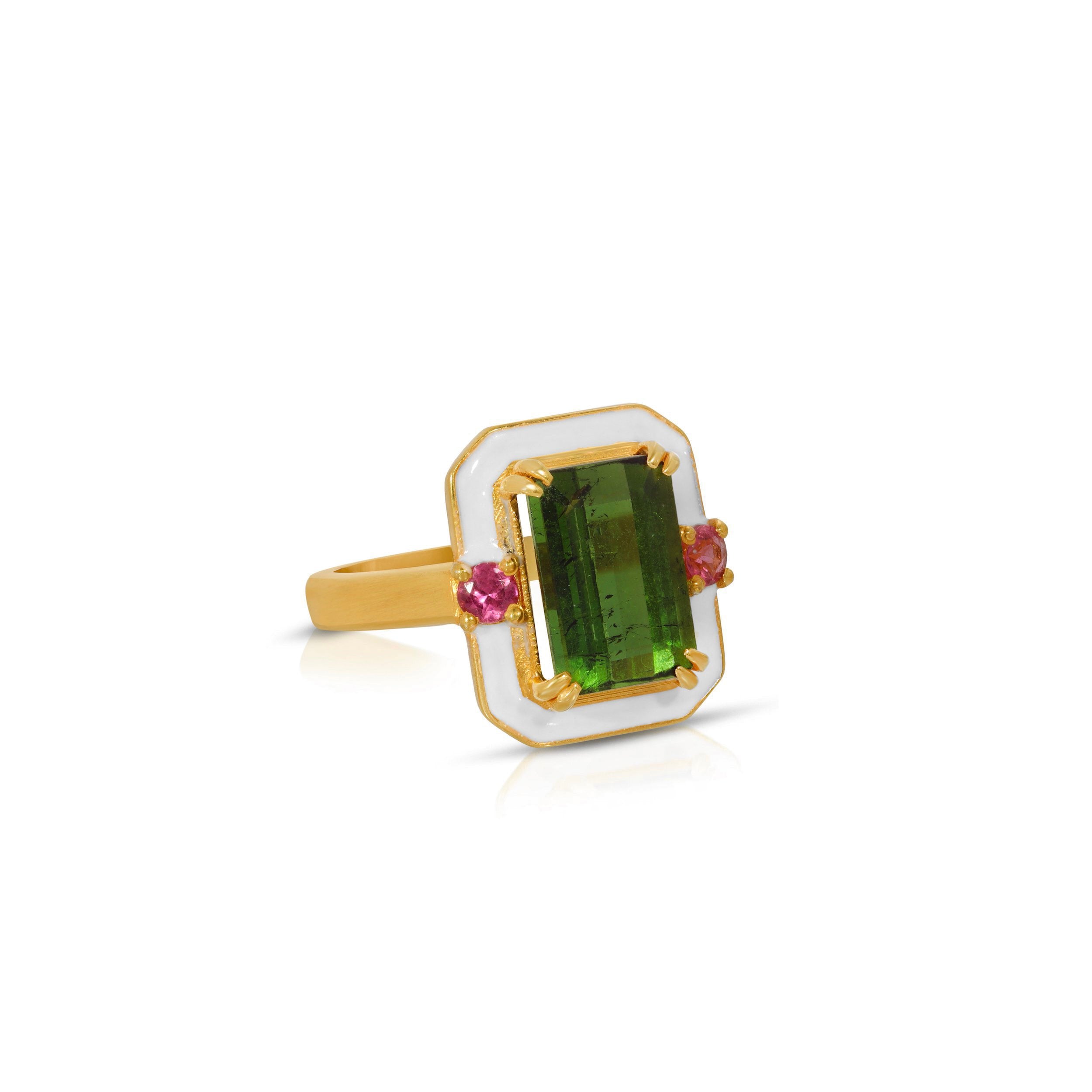 Green and Pink Tourmaline Enamel Ring