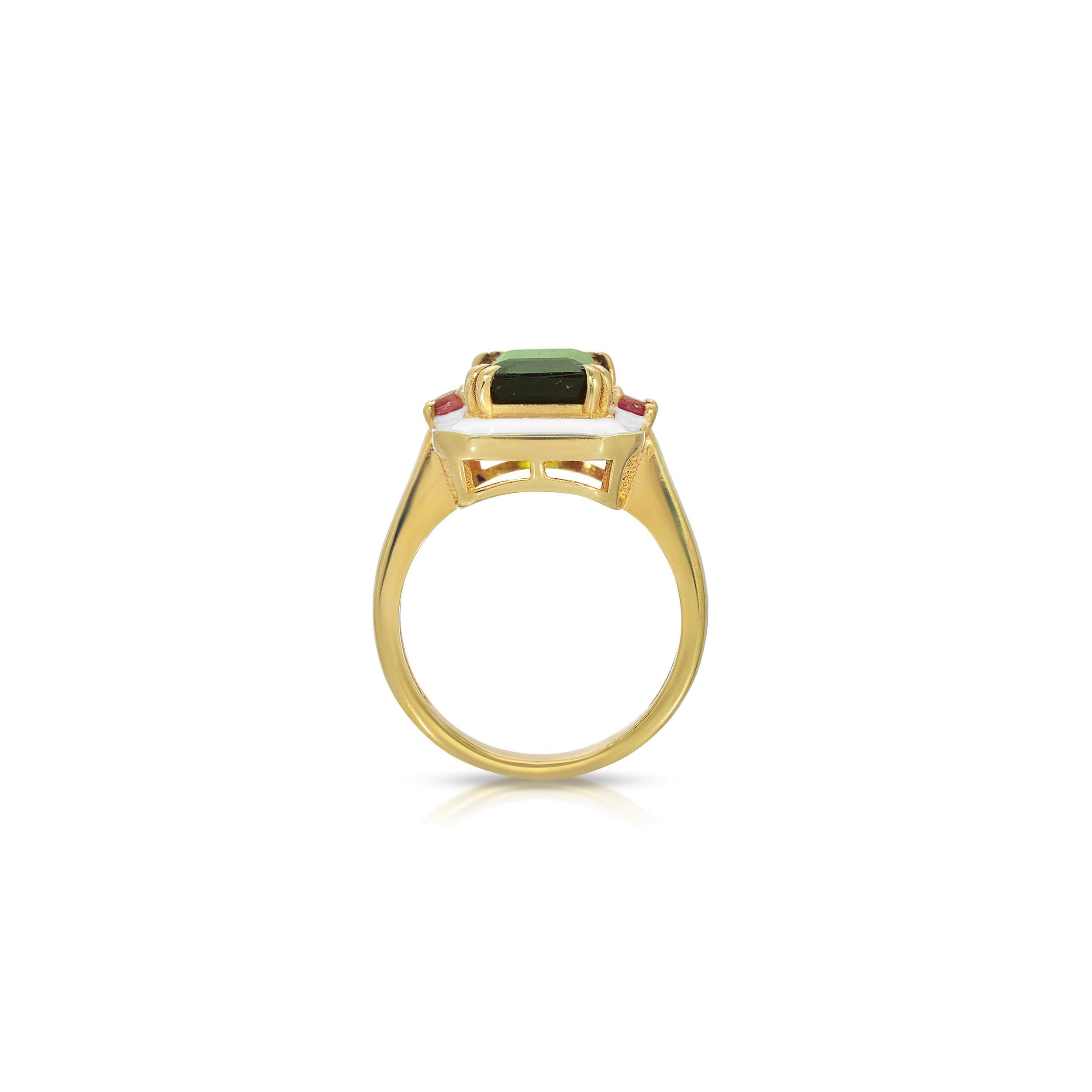 Green and Pink Tourmaline Enamel Ring