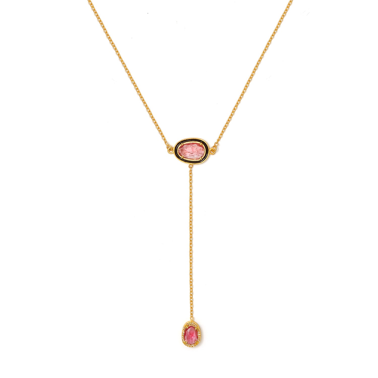 Tourmaline & Diamond Black Enamel T Pendant-Necklace-Jaipur Atelier