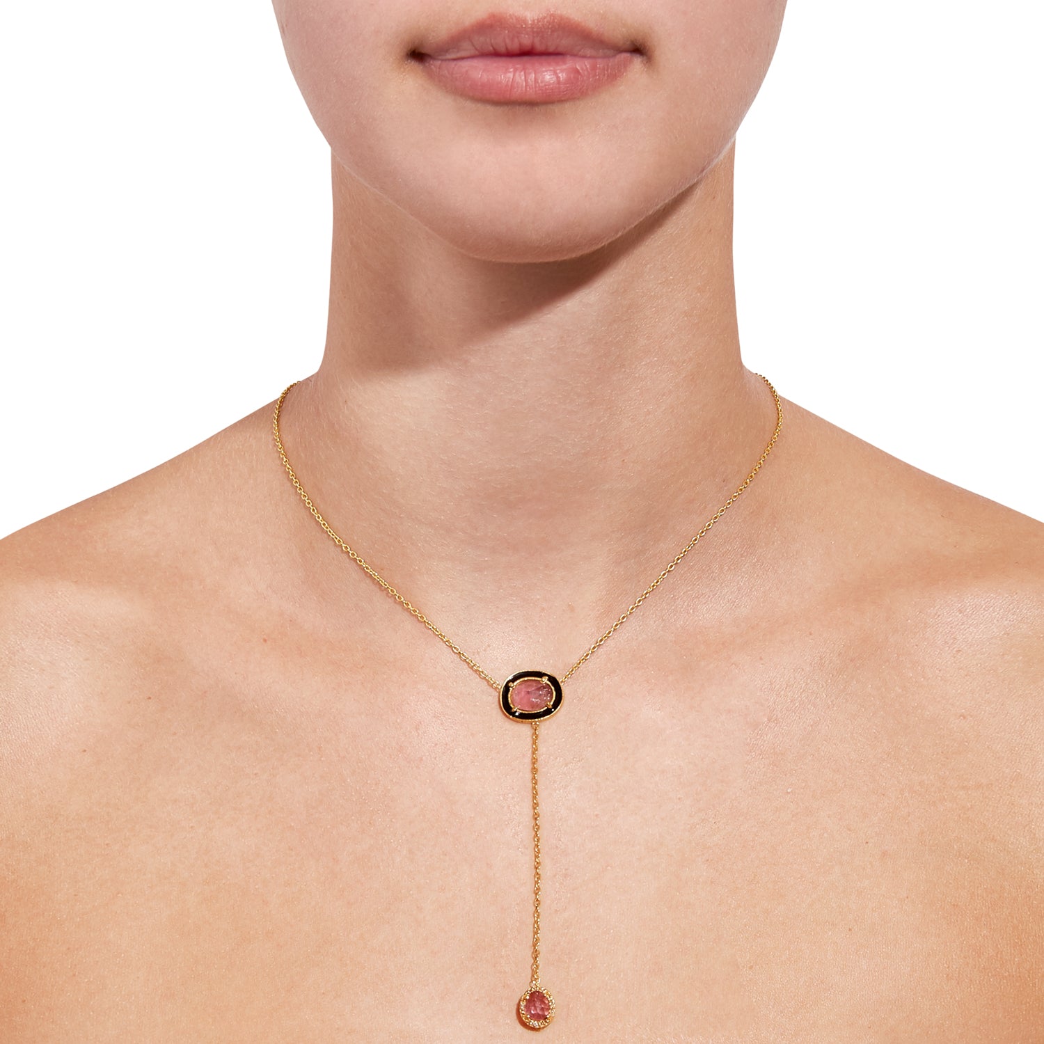 Tourmaline & Diamond Black Enamel T Pendant-Necklace-Jaipur Atelier