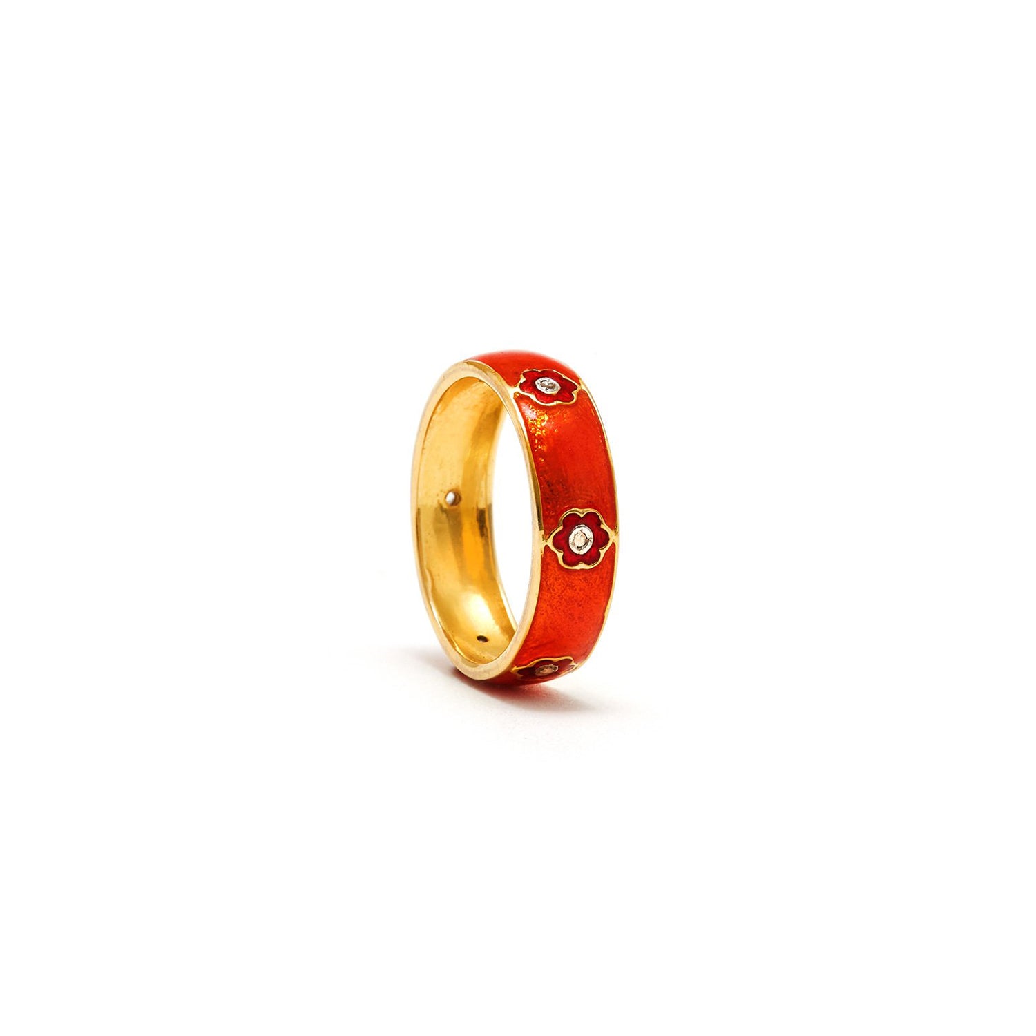Orange Red Flower Enamel Diamond Ring