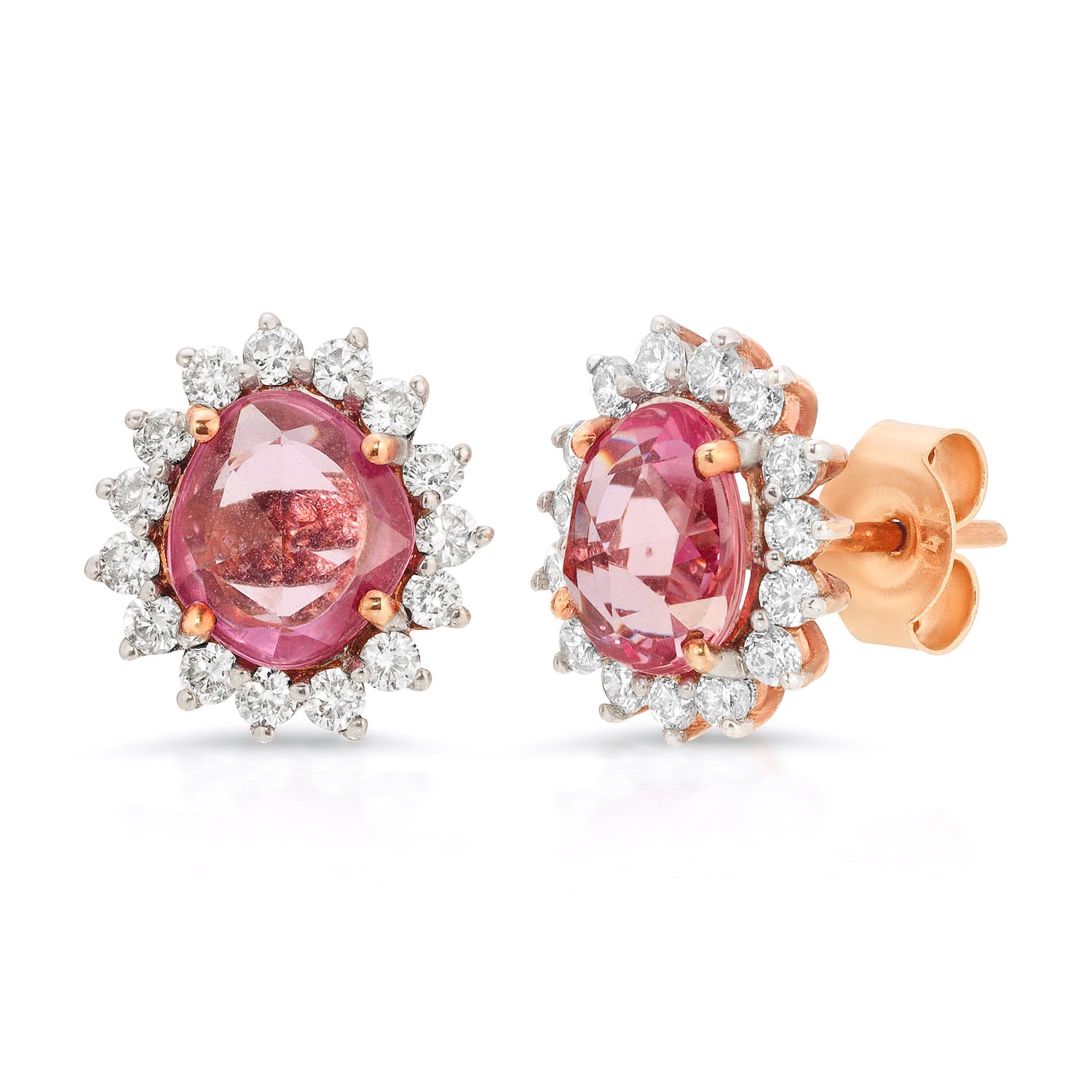 Pink Sapphire Diamond Cluster Gold Studs