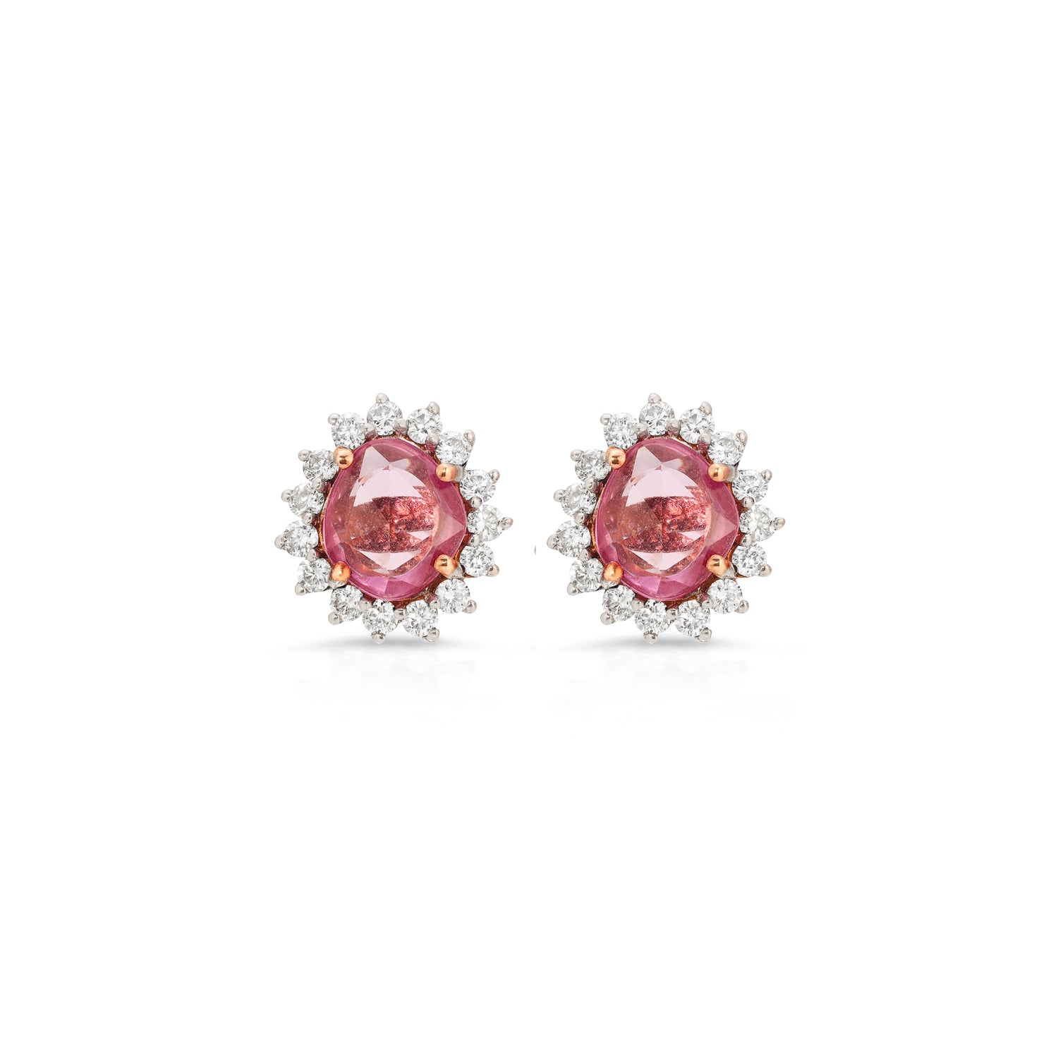 Pink Sapphire Diamond Cluster Gold Studs