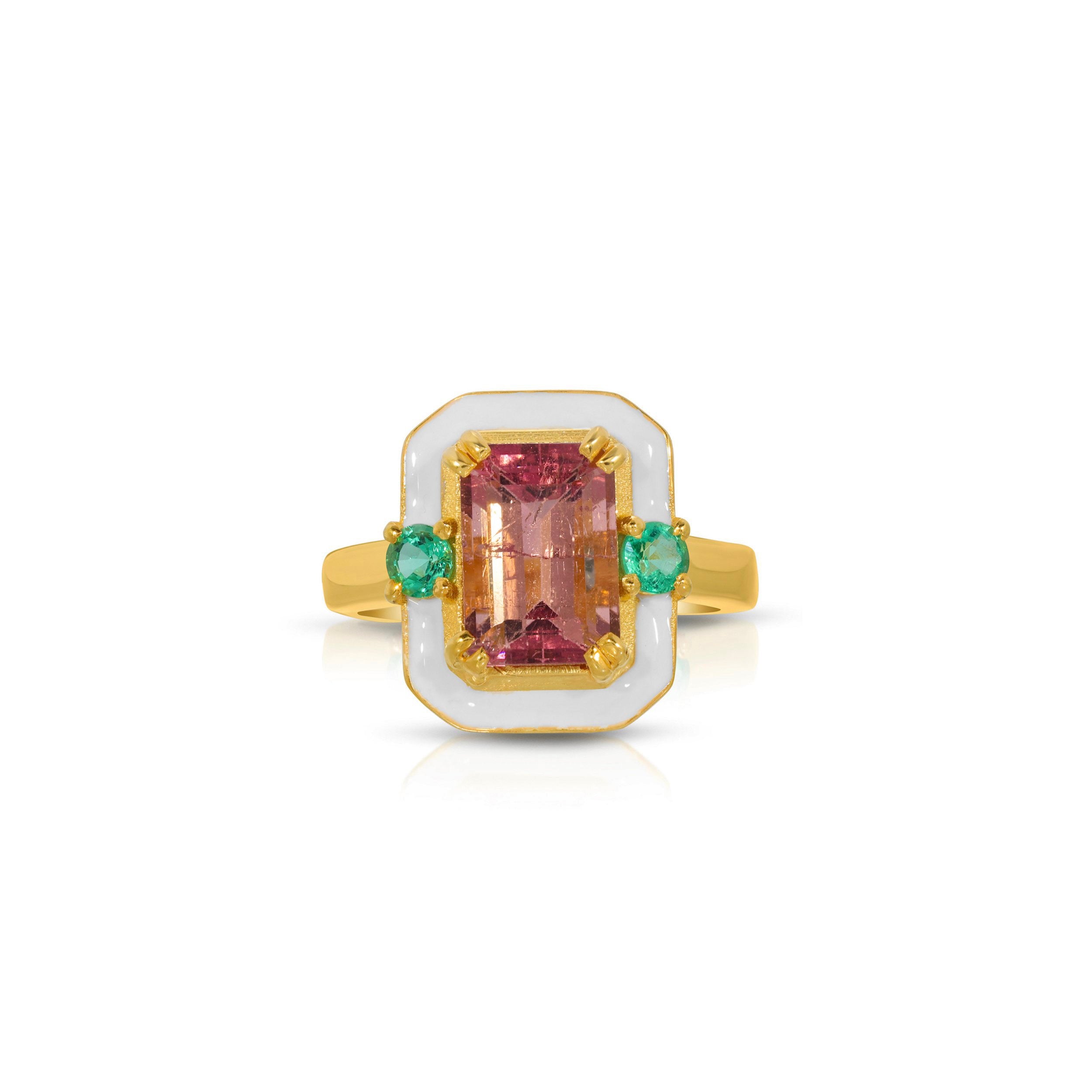 Pink Tourmaline Emerald Enamel Ring
