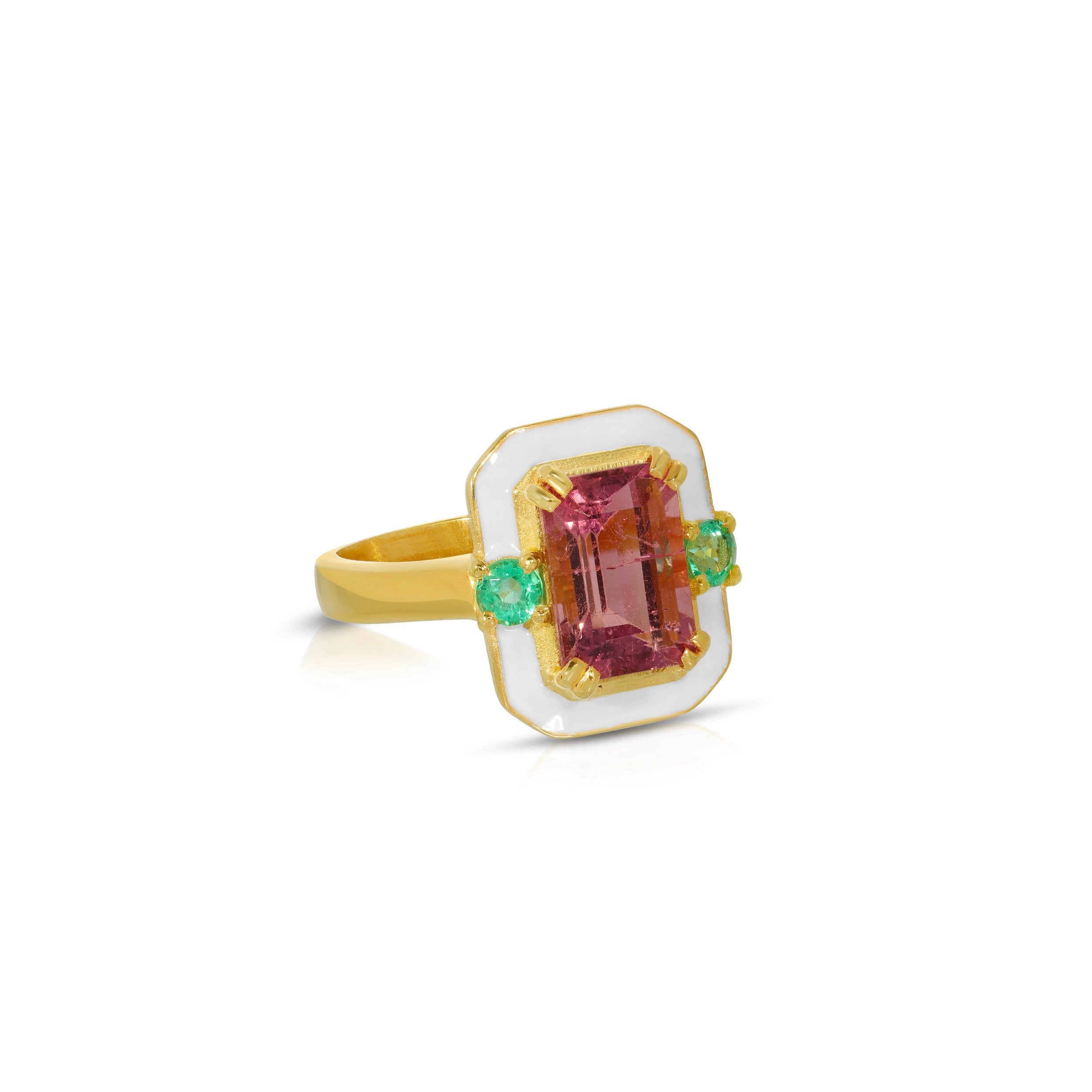 Pink Tourmaline Emerald Enamel Ring