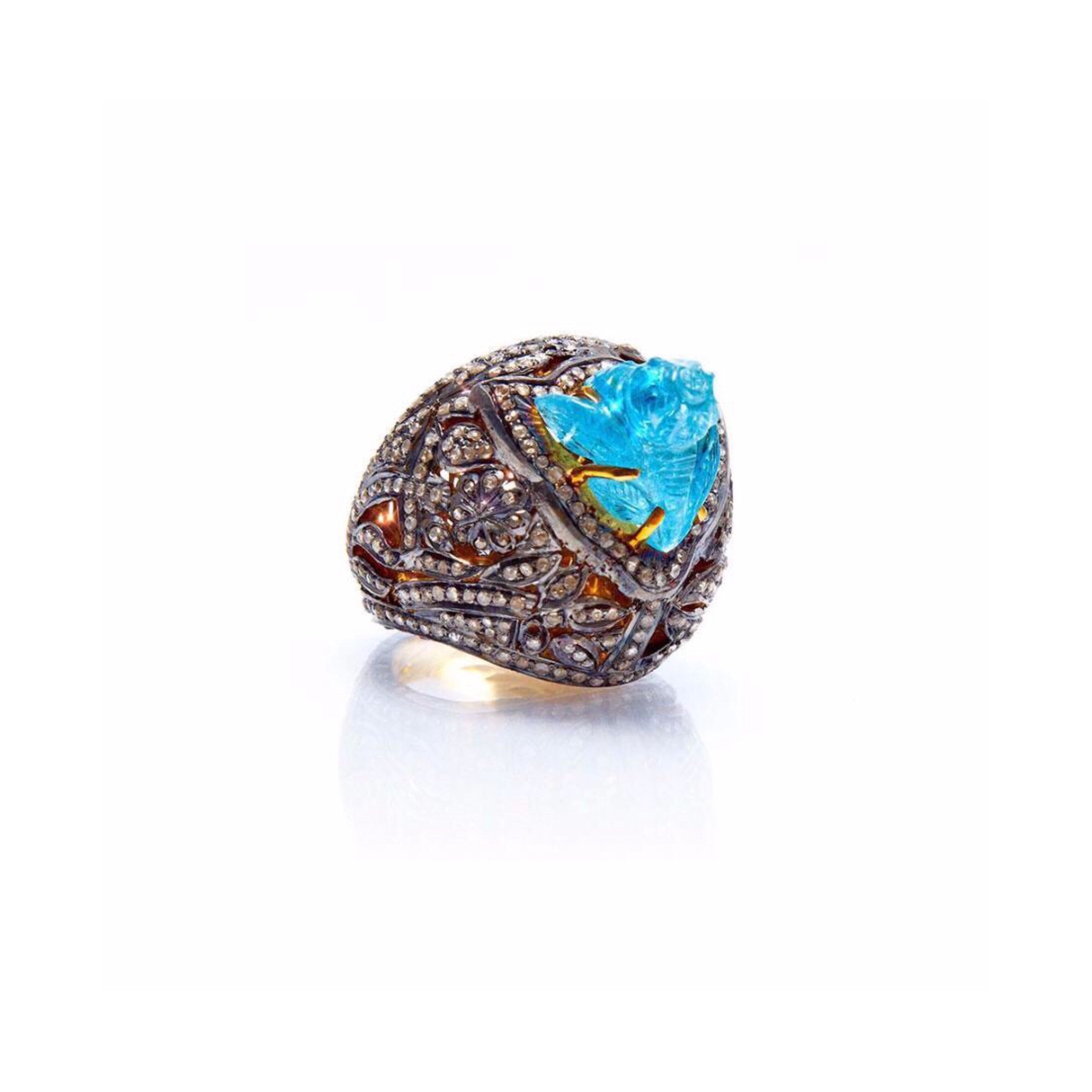 Aquamarine & Diamond Dome Cocktail Ring-Ring-Jaipur Atelier